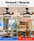 efperfect 42 Inch Black Crystal Fandelier Ceiling Fan with Light and Remote showcasing forward and reverse airflow settings in a modern living room.