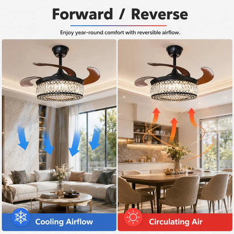efperfect 42 Inch Black Crystal Fandelier Ceiling Fan with Light and Remote showcasing forward and reverse airflow settings in a modern living room.