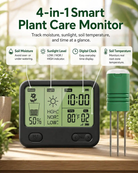 12 Zone Wireless Soil Moisture Meter For Plants With 4 In 1 TDR Tester, Soil Thermometer, Light Sensor And Display, 230 Ft Range, IPX5 Waterproof For Indoor Outdoor Garden And Yard Monitoring, with LCD and probe