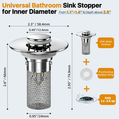 Two Piece Universal Pop Up Sink Stopper With Integrated Hair Catcher And Strainer, showing dimensions and components for sink installation.