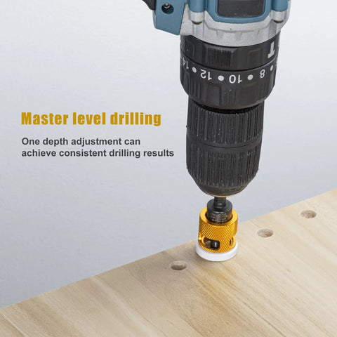 Drill with adjustable depth stop collar from 15 Piece Countersink Drill Bit Set Featuring Adjustable Depth Stop Collar And Rock Solid Hex Shafts Built Tough For Dead Nuts Precision In Eighty Two Degree Tapered Boring And Diy Wood Projects.