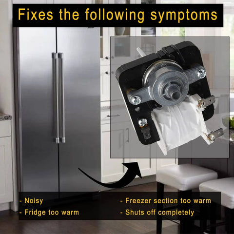 Refrigerator Evaporator Fan Motor For Frigidaire Kenmore Fridges Replaces AP4700070 5304445861 120V 60Hz shown in kitchen setting.
