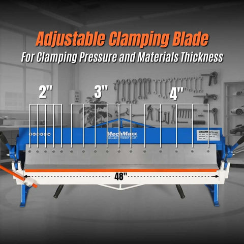48 Inch Manual Pan And Box Brake For Sheet Metal, 16 Gauge Mild Steel Capacity, adjustable clamping blade, workshop view