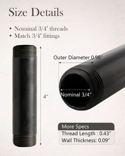 10 Pack Black Malleable Iron Pipe Nipples Three Quarters Inch By Four Inch Threaded Both Ends For DIY Projects