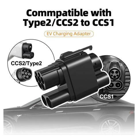 Smooth Plug And Play CCS2 To CCS1 DC Fast Charging Adapter showing plug compatibility for EV charging.