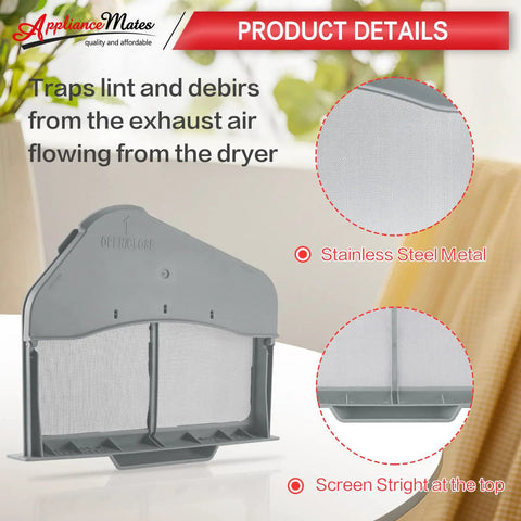 Plug-And-Play Dryer Lint Trap Filter Replacement For Samsung Dryers with flap, shown with stainless steel mesh