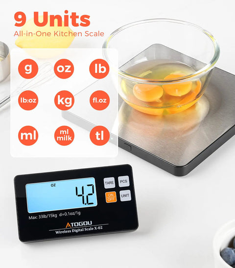 Wireless Kitchen Scale Detachable Display Pro Grade Large Platform 33Lb 15Kg Precise 0.1oz 1g 9 Units Counting Function Stainless Steel For Cooking Baking Shipping Silver with eggs in glass bowl