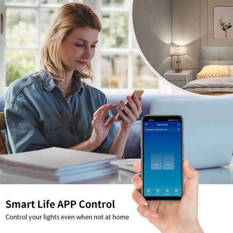 Woman using phone with app for 2 Gang Glass Panel WiFi Smart Light Switch With Touch Control; lamp controlled remotely.