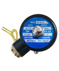 Electric Solenoid Valve Copper Normally Closed For Water Air And Gas 110V AC 1/2 Inch NPT top view with specifications label