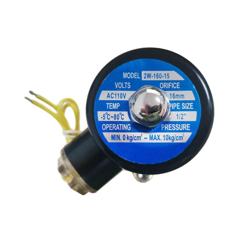 Electric Solenoid Valve Copper Normally Closed For Water Air And Gas 110V AC 1/2 Inch NPT top view with specifications label