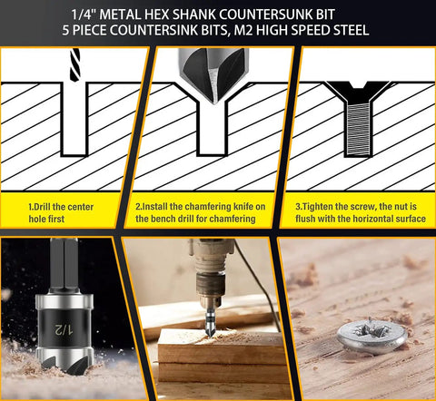 Pro Grade Countersink Drill Bit Set For Metal And Wood instructions and application steps with 1/2 inch hex shank bit in wood.