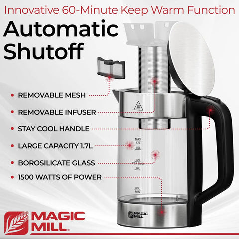 Electric Kettle With Temperature Control And Tea Infuser, 1.7L Large Capacity, Rapid Boil, Keep Warm, Auto Shut Off, BPA Free, No Plastic On Water, British Patent Tech For Bold, Fresh Tea Every Time; featuring stainless steel body and removable mesh.