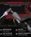 Close-up of hand holding Dual Voltage 110 To 220V Pilot Arc Plasma Cutter Beast Mode with 50A Power torch, showing pilot arc in action.