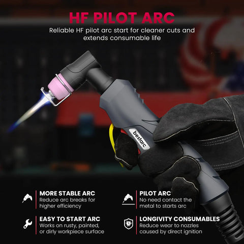 Close-up of hand holding Dual Voltage 110 To 220V Pilot Arc Plasma Cutter Beast Mode with 50A Power torch, showing pilot arc in action.