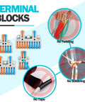 Workhorse 4 Pack 2 In 8 Out DIN Rail Terminal Blocks With 8 Removable Rail Clips shown with no twisting, soldering, tape needed.