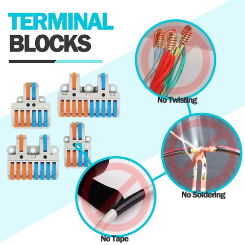Workhorse 4 Pack 2 In 8 Out DIN Rail Terminal Blocks With 8 Removable Rail Clips shown with no twisting, soldering, tape needed.