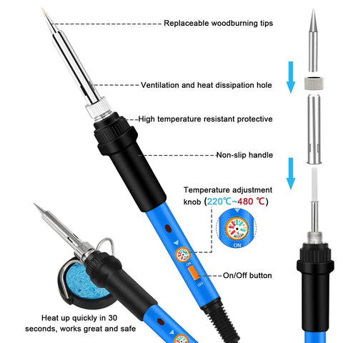 Image showing details of the Wood Burning Kit With Adjustable Temperature 220 To 480 C, including adjustable pyro pen and tips.