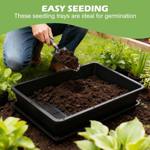 Person filling 5 Pack Pro-Grade Grower-Friendly Soil Blocking Trays For Seed Germination And Drainage Water Collection, 14x12x3 inches, in garden