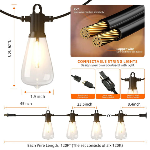 Outdoor 240ft Vintage Style LED String Lights Waterproof, product diagram with bulb details and measurements, shatterproof bulbs