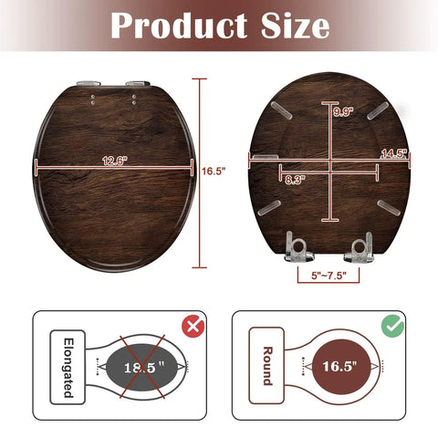Generic Toilet Seat Replacement Round Slow Quiet Close Resin Wood Bathroom with size measurements and hinge details.