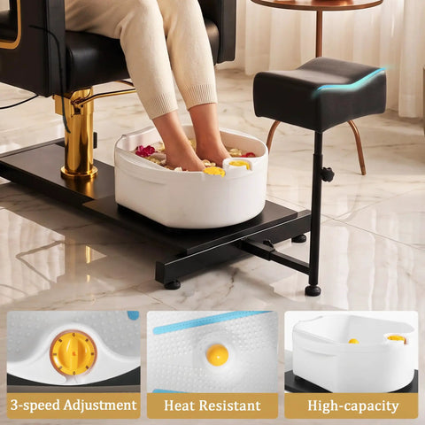 Pro Grade Hydraulic Pedicure Station For Nail Techs With Roomy Removable Foot Tub Featuring Triple Vibration Soaking Modes For Zero Hassle Plug And Play Setup Without Any Plumbing Required In Sleek Black Finish with adjustable bowl.