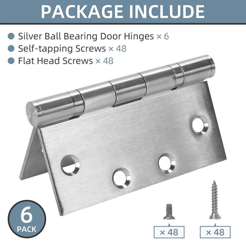 Front view of 4.5 x 4.5 inch stainless steel door hinge with ball bearings, brushed nickel finish, 6-pack with screws