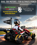 Child driving a red 36V Kids Go Kart 600W Electric Drift Racing Kart For Outdoors on a track with blurred motion effect.