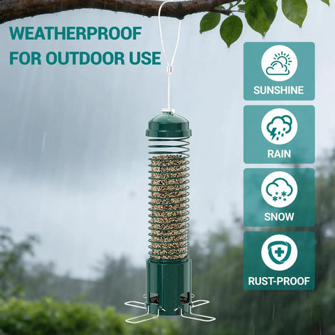 Squirrel Proof Metal Bird Feeder For Outdoors Hanging With 3.6 Lb Seed Capacity Weight Activated Squirrel Guard shown outdoors