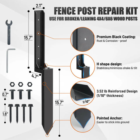 2 Pack Heavy Duty Fence Post Repair Stakes 31.6 Inches High Anchors For Fixing Broken And Leaning 4x4 And 6x6 Wood Posts Durable Steel Post Support Kit For Outdoor Fences
