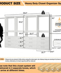 Roomy Walk In Closet Organizer System With Twelve Sturdy Drawers And Open Shelving Units dimensions diagram, detailed size and structure.