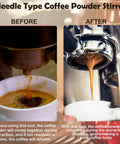 Before and after use of Two Pack Espresso Distribution Tool Set With Walnut And Rosewood Wood Handle Five Needle Espresso Stirrers