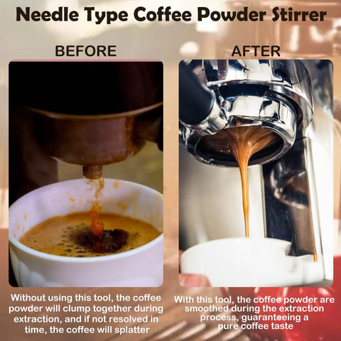 Before and after use of Two Pack Espresso Distribution Tool Set With Walnut And Rosewood Wood Handle Five Needle Espresso Stirrers