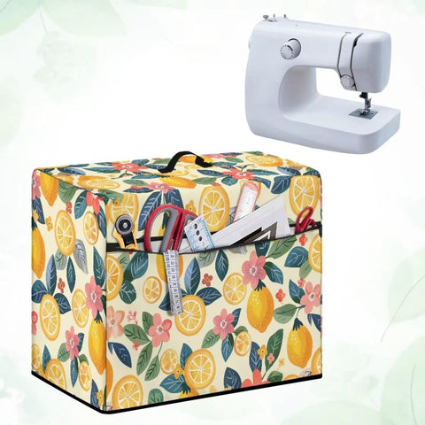 Lemon Sewing Machine Dust Cover With Side Pocket Universal Fit For Most Singer And Brother Machines next to white sewing machine.