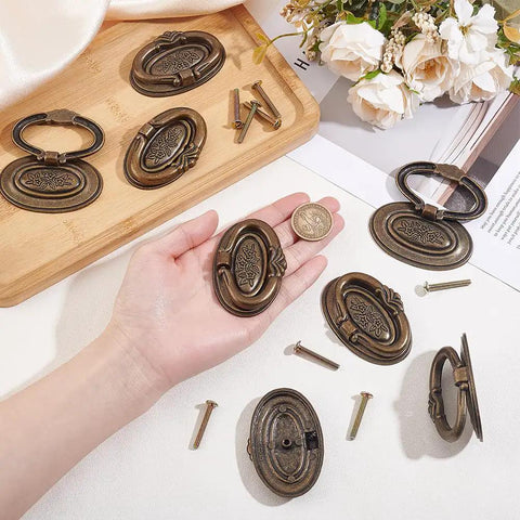 8 Set Oval Cabinet Door Handles Antique Bronze Bail Drawer Pulls With Floral Pattern Vintage Shabby Chic Knobs and screws
