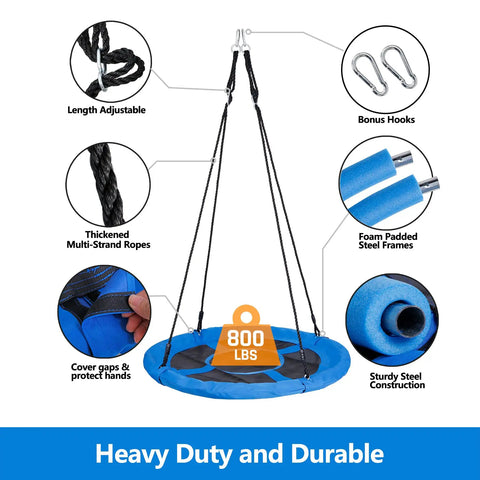Diagram of 40 Inch Flying Saucer Tree Swing for Backyard Fun and Playground Action, Heavy Duty 800 Lb Weight Capacity features.