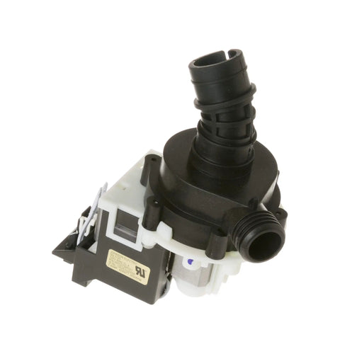 Dishwasher Drain Pump Replacement WD35X20553 for fast water drainage, black and white plastic with quick disconnect plug, side view