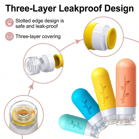 Carry On Ready Travel Bottles Kit 16 Pack TSA Approved Leak Proof Silicone Squeezable Containers highlighting leakproof design