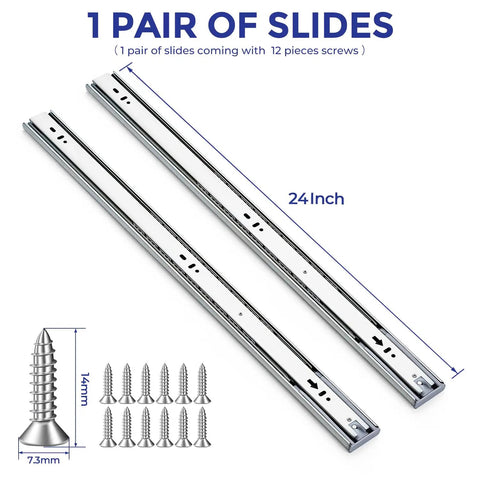 Premium Slick Glide Ball Bearing Drawer Slides 2 Pair Set With Seamless Soft Close 24 Inch, zinc plated steel with screws