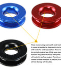 Red and blue recovery rings with marks for Red Recovery Ring And 2 Red Soft Shackles Kit For Synthetic Winch Rope One Half Inch By Twenty Two Inch Off Road Recovery For ATVs UTVs SUVs And Trucks With Durable Aerospace Grade 7075 Aluminum Construction.