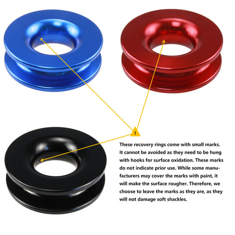 Red and blue recovery rings with marks for Red Recovery Ring And 2 Red Soft Shackles Kit For Synthetic Winch Rope One Half Inch By Twenty Two Inch Off Road Recovery For ATVs UTVs SUVs And Trucks With Durable Aerospace Grade 7075 Aluminum Construction.