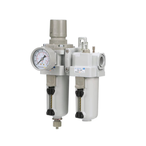 All In One Compressed Air Filter Regulator Lubricator Piggyback Combo One Half Inch NPT with metal bowl and gauge