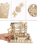 3D Wooden Puzzle Lift Coaster Set With Working Gears Marble Run Model Kit Roller Coaster Design Totally Buildable Brain Teaser For Adults And Teens 14 Plus Unique Gift Idea, showing assembly components and finished gears.