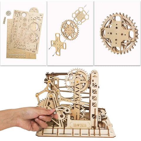 3D Wooden Puzzle Lift Coaster Set With Working Gears Marble Run Model Kit Roller Coaster Design Totally Buildable Brain Teaser For Adults And Teens 14 Plus Unique Gift Idea, showing assembly components and finished gears.