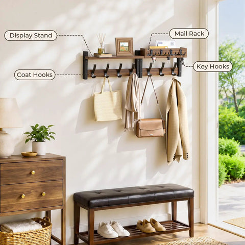 29 Inch Wall Mounted Coat Rack with Swanky Shelf and Heavy Duty Hooks for Entryway Organization Brown Storage Holder for Coats Bags Hats and Mail Hallway Rack that Updates Your Vibe and Maximizes Floor Space with hooks and shelf.