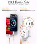 2 Pack European Travel Plug Adapter With 3 Outlets And 3 USB Ports, 2 USB-C, charging two phones, shown plugged into wall