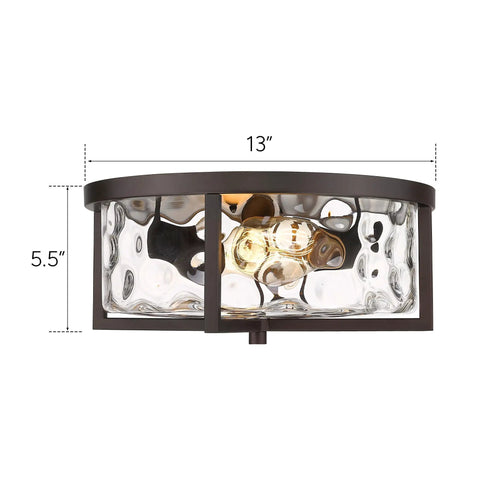 Side view of 13 Inch Hammered Glass Flush Mount Ceiling Light In Dark Bronze Finish For Kitchen Dining And Hallway Must Have Modern Close To Ceiling Fixture With Antique Vibe, Cozy Warm Glow And Easy Install, showing 13-inch diameter and 5.5-inch height.