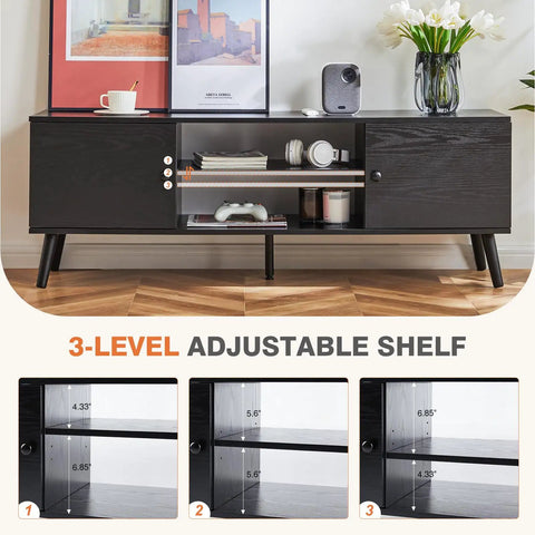 Mid Century Modern TV Stand For 55 To 60 Inch TVs With Storage, Entertainment Center And Media Console Table, Wooden Black Finish