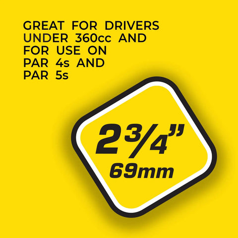 PTS Step Tees 50 Count 2 3/4 Inch Wood Golf Tees With Depth Control displayed with 2 3/4 inch size badge, yellow background