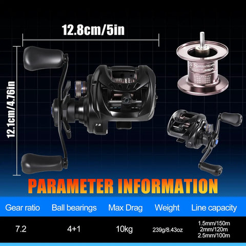 Black Digital Anti Backlash Baitcasting Reel No Fuss Casting With Smart Braking System, dimensions 12.8cm x 12.1cm, spool details