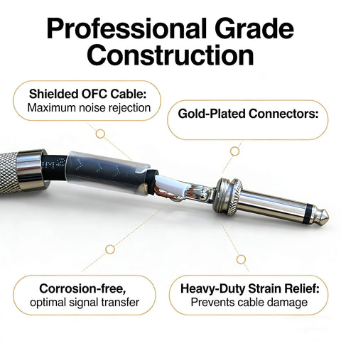 Close-up of Beefy 15 Foot 12AWG Speaker Cable with gold-plated TS connectors, showing inner construction and features.